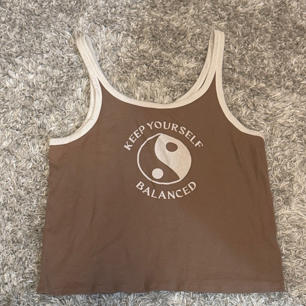 American Eagle Brown Ribbed Tank with Cream Trim Accent